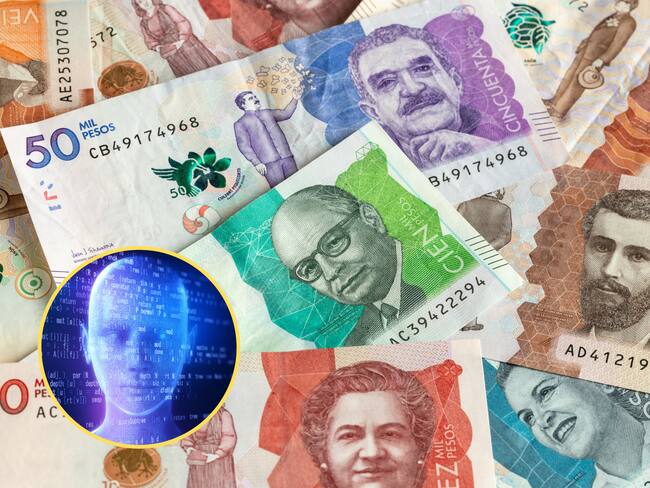 Billetes colombianos de diferente denominación. En el círculo, la imagen de una inteligencia artificial (IA) / Fotos: GettyImages