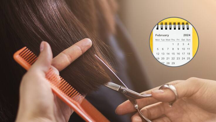 Mujer cortándose el cabello en una peluquería o salón de belleza. En el círculo, la imagen del calendario de febrero 2024 (Fotos vía GettyImages)