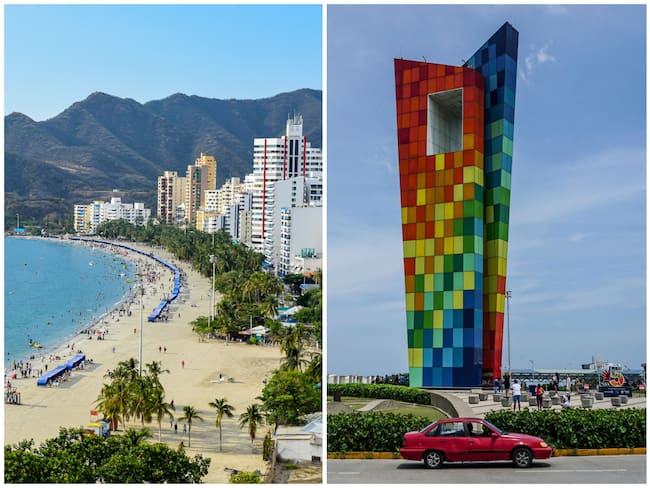 A la izquierda, vista aérea de la playa de Santa Marta y a la derecha, el Monumento Ventana al Mundo en Barranquilla (Fotos vía GettyImages)