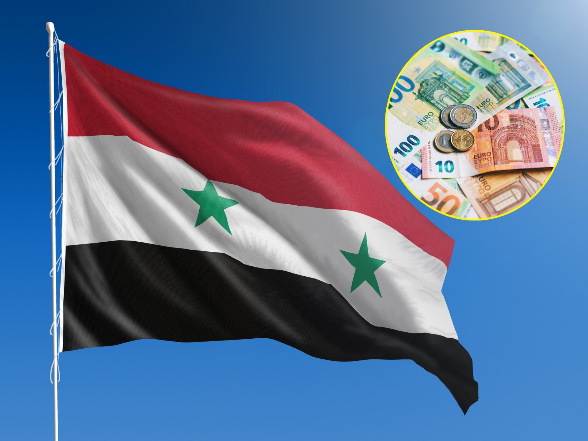 Bandera de Siria. I Foto: Getty Images. En el círculo amarillo una fotografía de euros. I Foto: Getty Images.