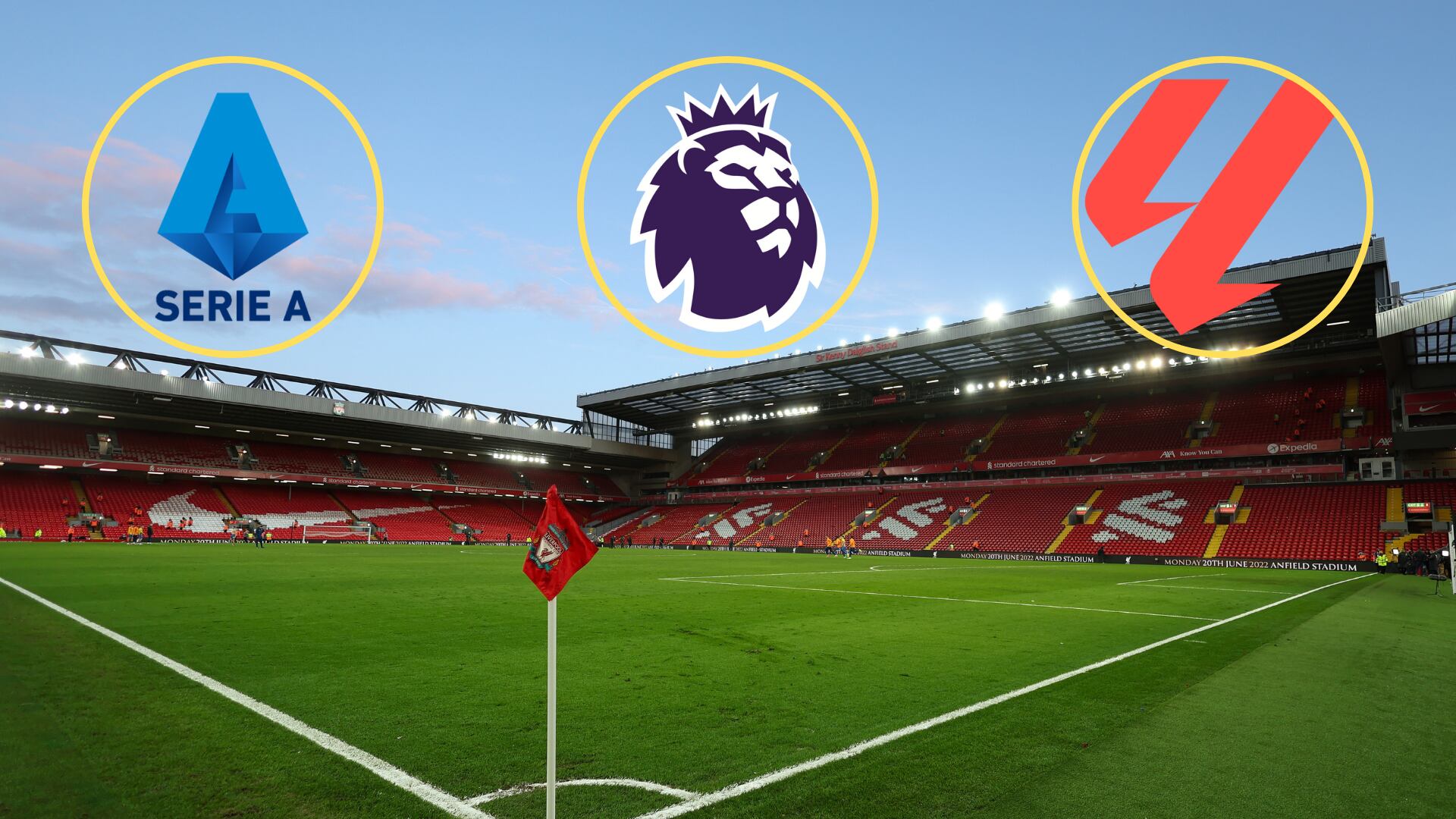 Anfield. Foto: Matthew Ashton - AMA/Getty Images - Logo de La Liga. Foto: La Liga. — Logo de la Premier League. Foto: Premier League.