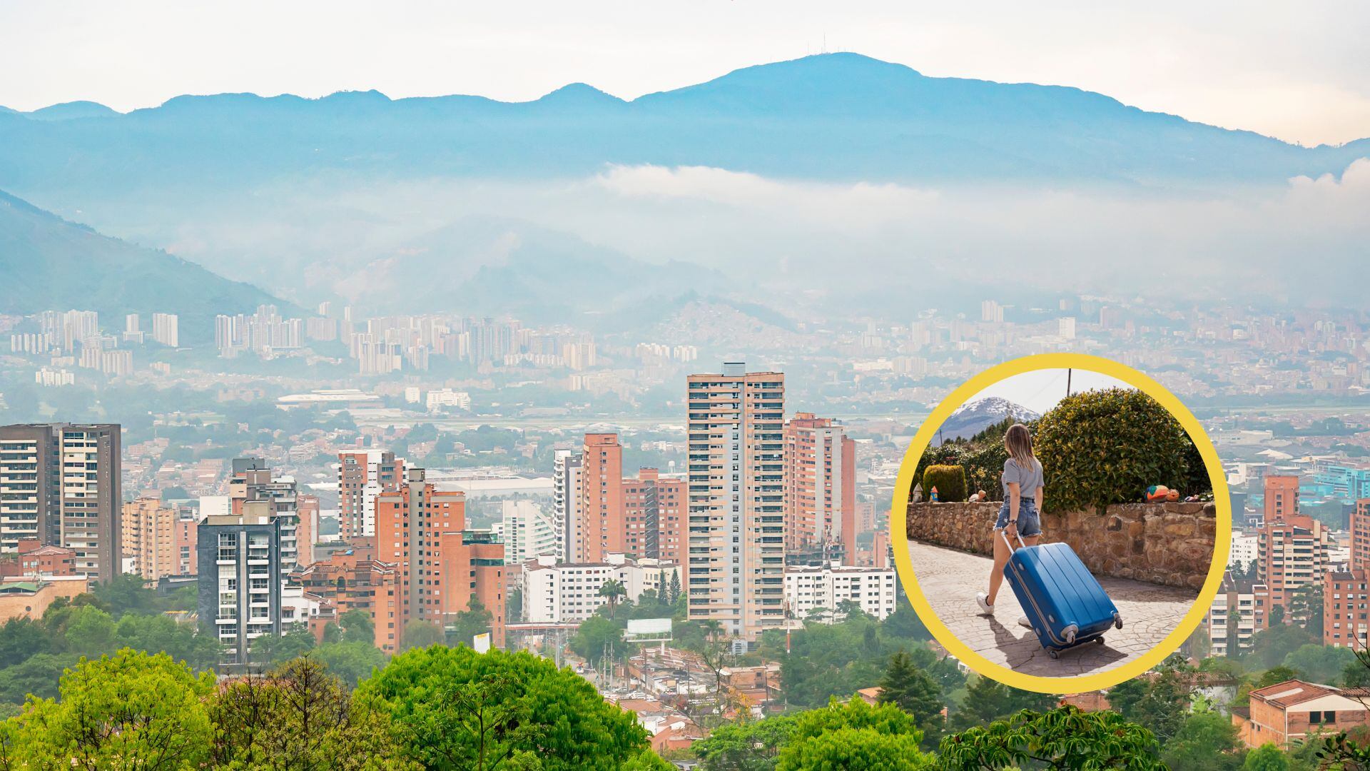 Vista panorámica de la ciudad de Medellín, Colombia. En el círculo, la imagen de una mujer llevando su ropa en una maleta / Foto: GettyImages