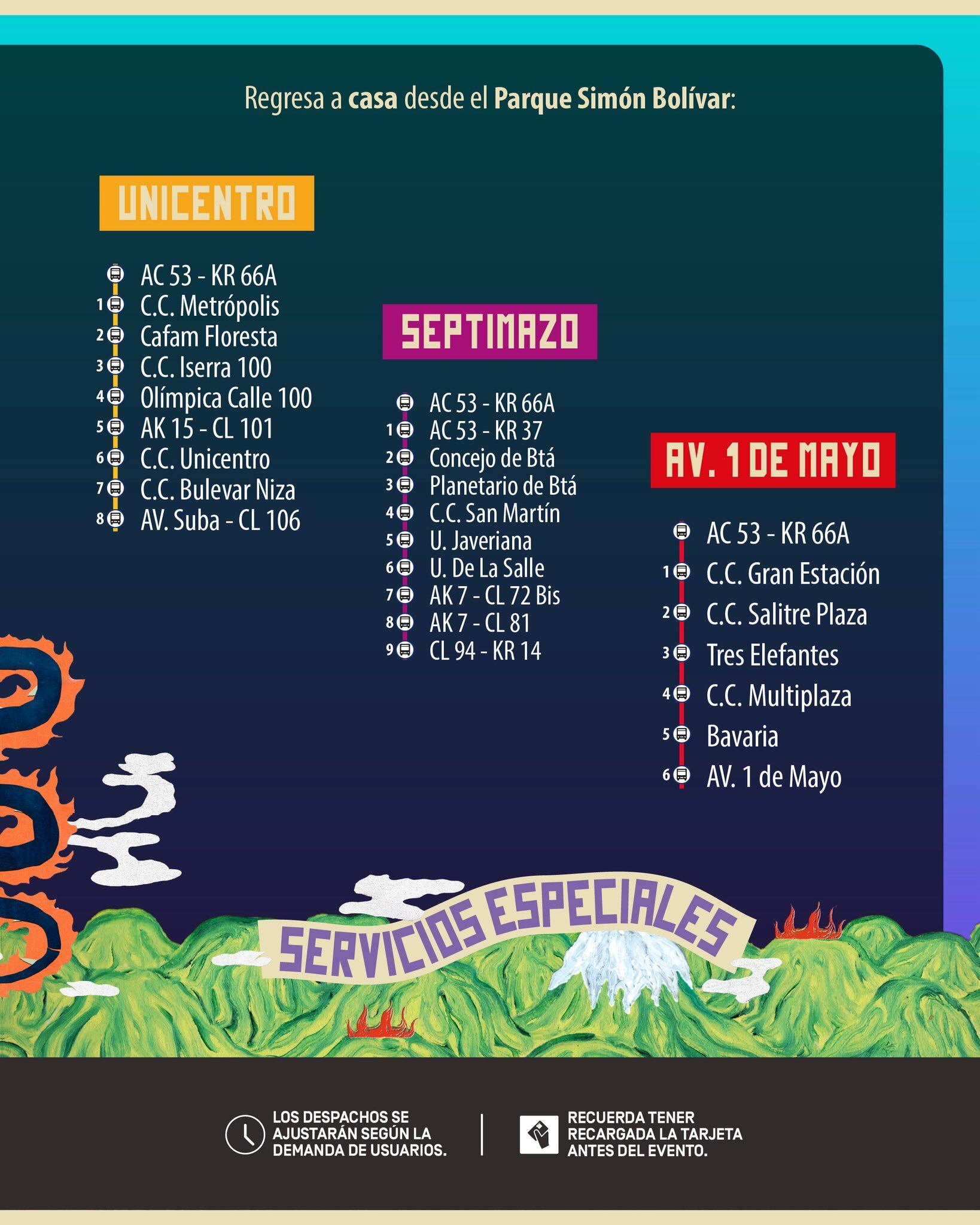 Rutas de TransMilenio para salir del Festival Cordillera en Bogotá