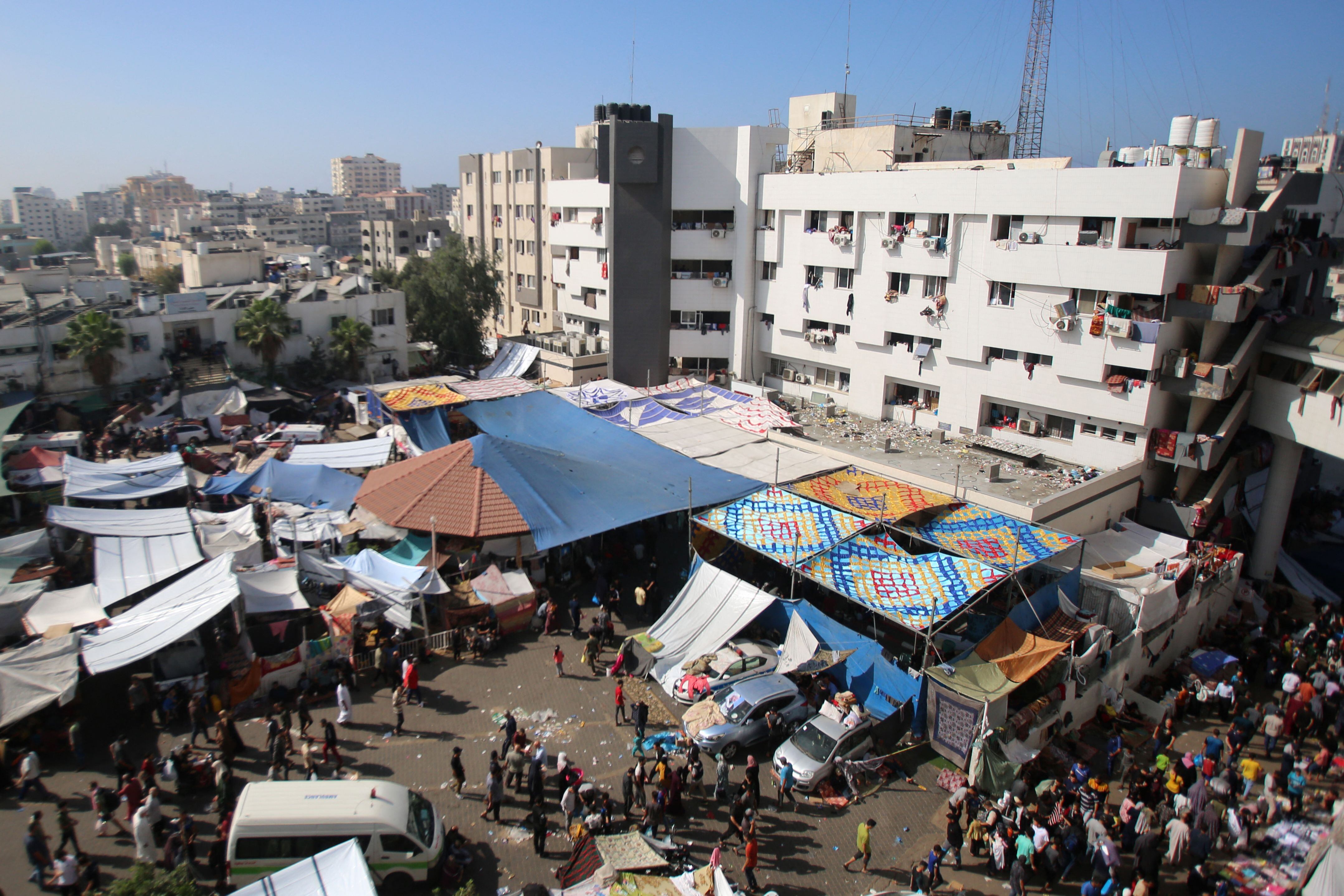 An aerial view shows the compound of Al-Shifa hospital in Gaza City on November 7, 2023, amid the ongoing battles between Israel and the Palestinian group Hamas. (Photo by Bashar TALEB / AFP) (Photo by BASHAR TALEB/AFP via Getty Images)