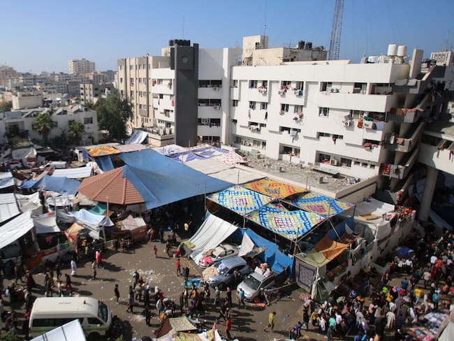 An aerial view shows the compound of Al-Shifa hospital in Gaza City on November 7, 2023, amid the ongoing battles between Israel and the Palestinian group Hamas. (Photo by Bashar TALEB / AFP) (Photo by BASHAR TALEB/AFP via Getty Images)