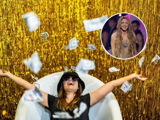 Mujer despreocupada tumbada en una bañera con los brazos extendidos mientras cae dinero. En el círculo, Shakira en los Latin Grammy / Fotos: GettyImages