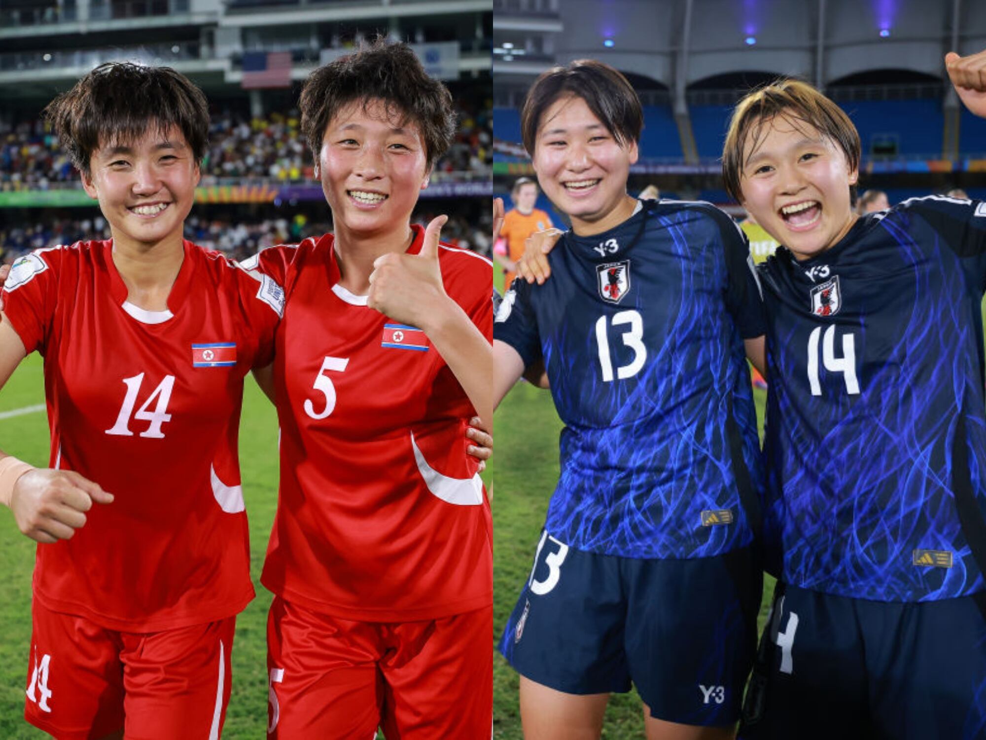 Jugadoras de la Selección de Corea del Norte (izquierda) y jugadoras de la Selección de japón (derecha). Foto: Getty Images.