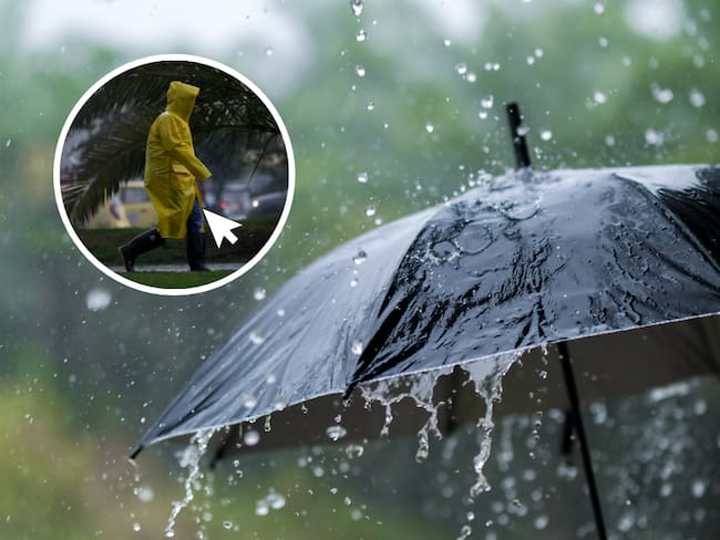 Sombrilla en medio de la lluvia y de fondo una persona con capa y botas bajo la lluvia (Fotos vía Getty Images y COLPRENSA)