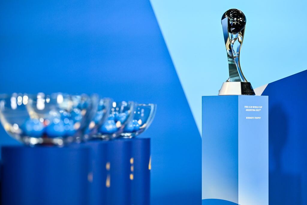 ZURICH, SWITZERLAND - APRIL 21: A view of the FIFA U-20 World Cup Winner's Trophy prior to the FIFA U-20 World Cup Argentina 2023 Draw at HoF, Home of FIFA on April 21, 2023 in Zurich, Switzerland. (Photo by Harold Cunningham/FIFA)
