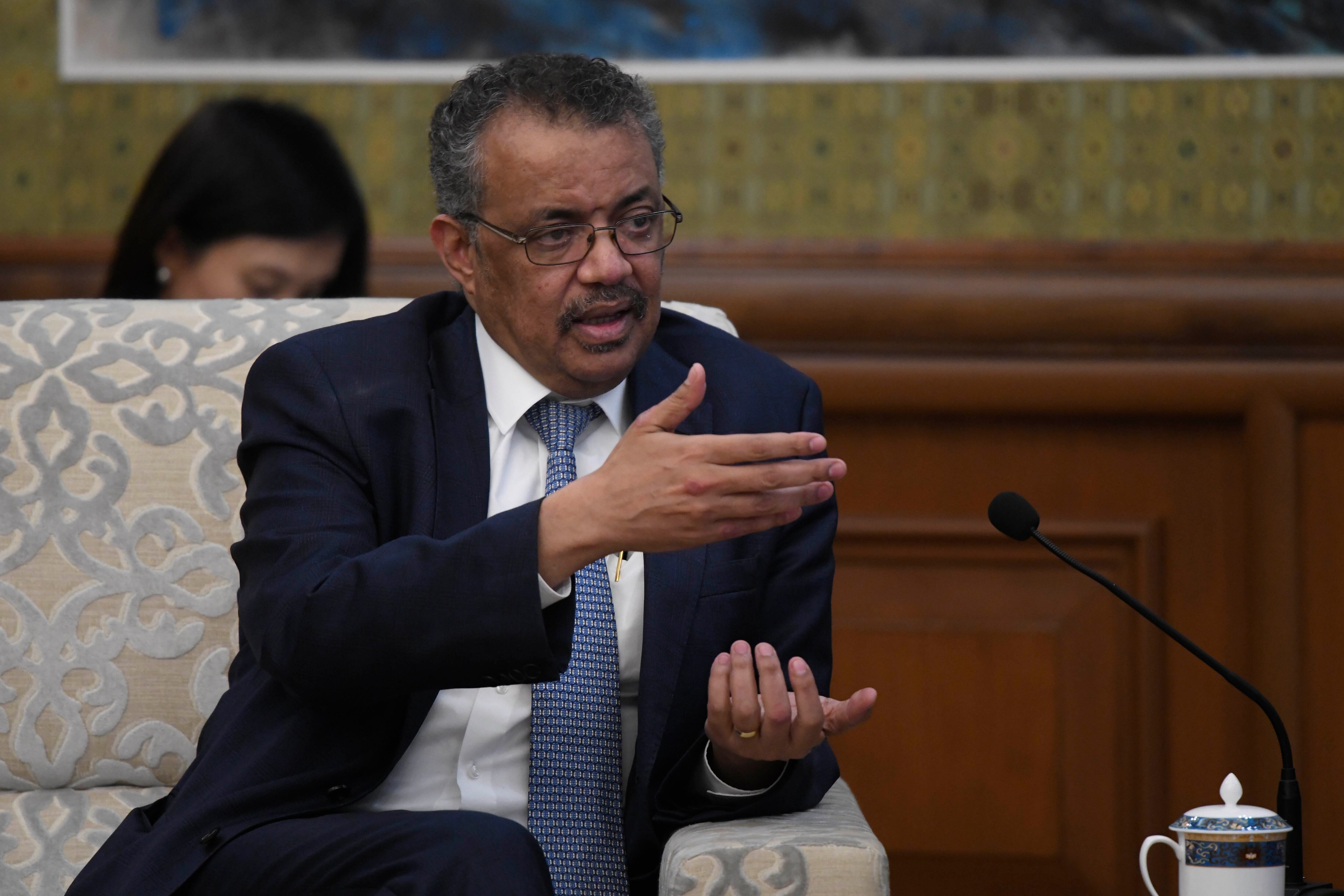 BEIJING, CHINA - JANUARY 28: Tedros Adhanom, Director General of the World Health Organization, meets with with Chinese State Councilor and Foreign Minister Wang Yi at the Diaoyutai State Guesthouse on January 28, 2020 in Beijing, China. (Photo by Naohiko Hatta - Pool/Getty Images)