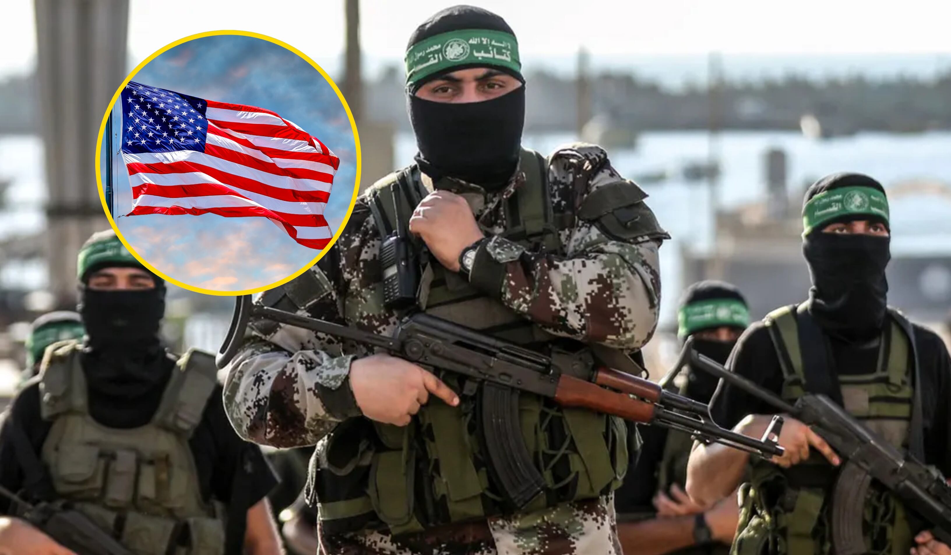 Grupo islamista Hamás y bandera de Estados Unidos. | Foto: GettyImages/ Roberto Machado Noa. 