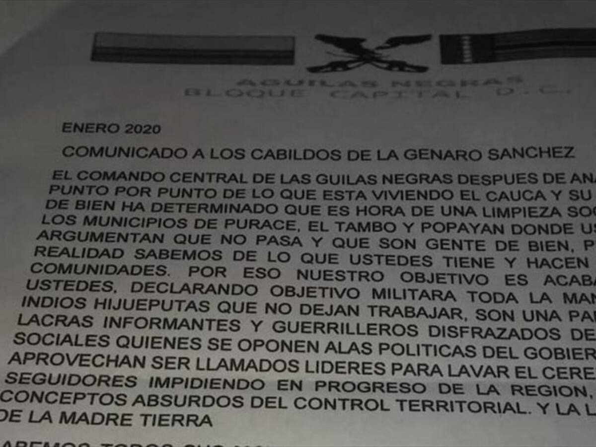 Denuncian nuevas amenazas contra líderes indígenas en Cauca