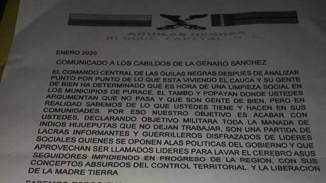 Según las autoridades indígenas, las amenazas fueron proferidas por su ejercicio de control territorial y el autodenominado proceso de liberación de la madre tierra. Foto: Cric