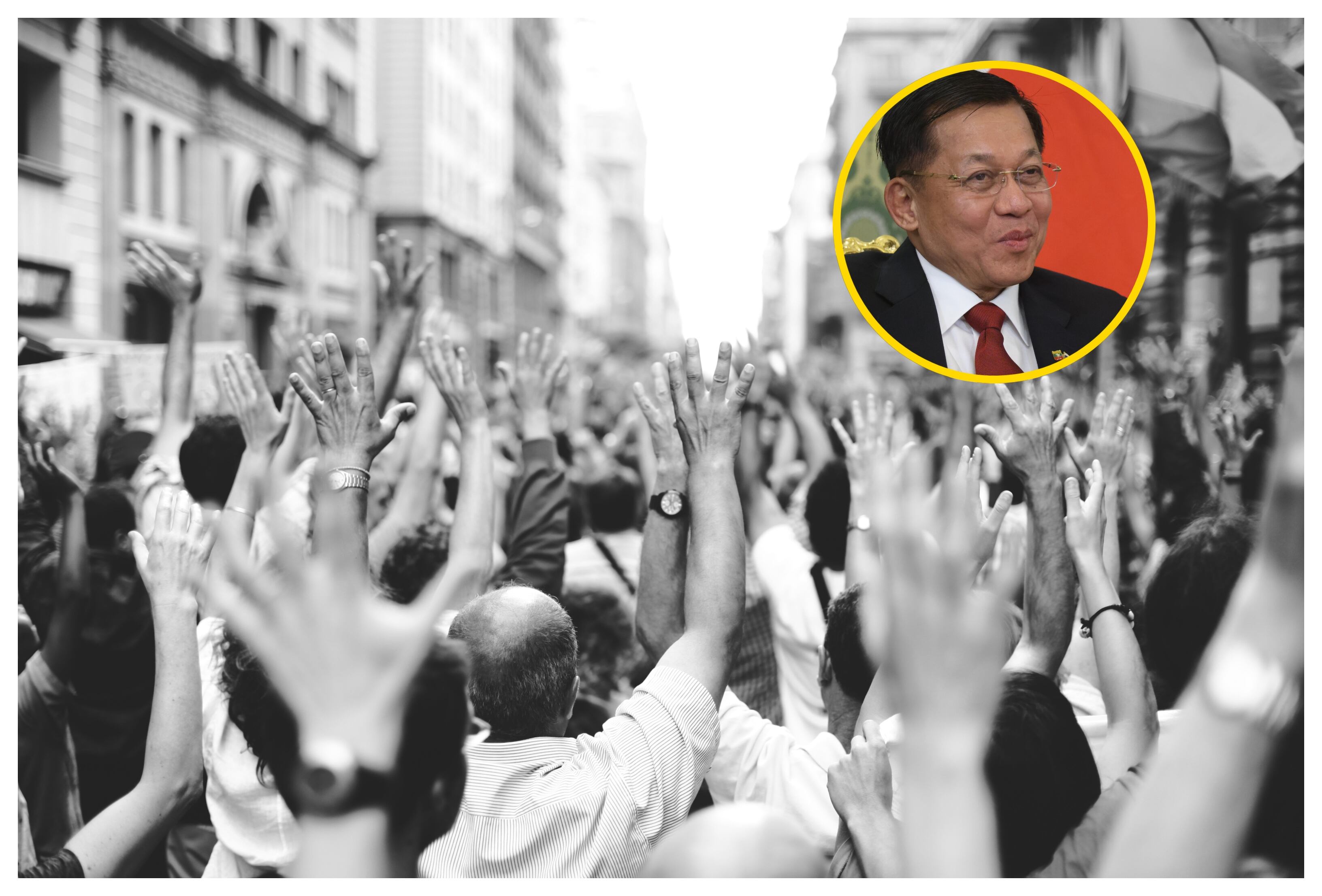 Referencia de protestas y Min Aung Hlaing. Foto: Contributor/Getty Images.