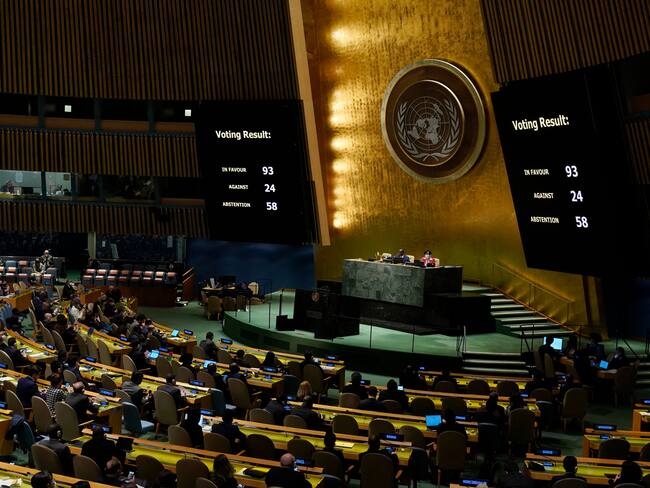 The board showing the passage of the resolution during a UN General Assembly vote on a draft resolution seeking to suspend Russia from the UN Human Rights Council in New York City on April 7, 2022. (Photo by TIMOTHY A. CLARY / AFP) (Photo by TIMOTHY A. CLARY/AFP via Getty Images)