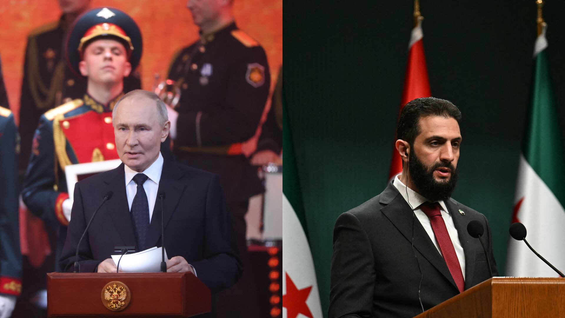 Vladimir Putin. FOTO: Contributor/Getty Images - Ahmed al Sharaa. FOTO: OZAN KOSE/AFP via Getty Images