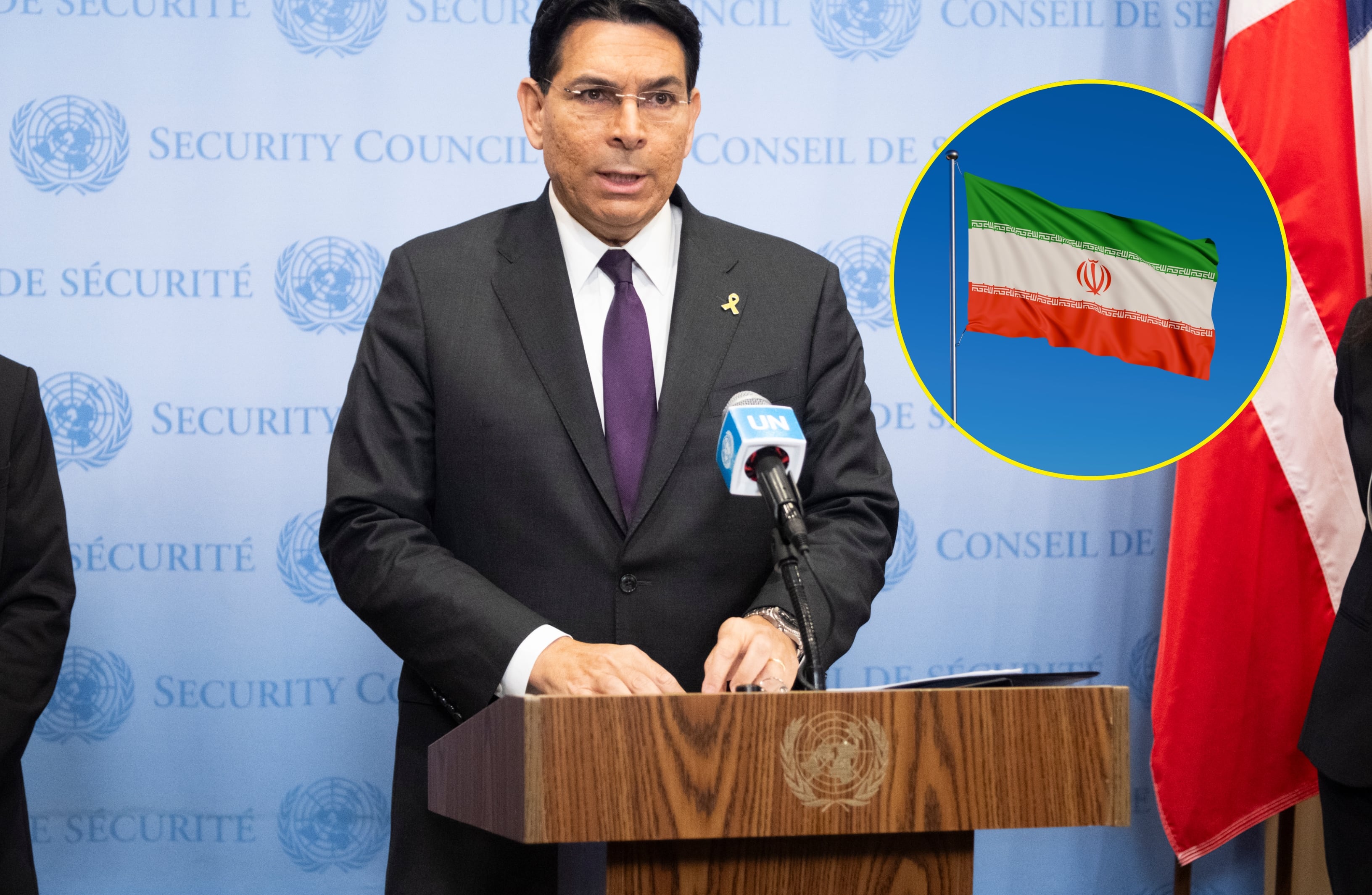 Danny Danon y bandera de Irán. Foto: Noam Galai/ Wong Yu Liang vía Getty Images. 