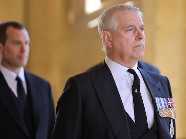 WINDSOR, ENGLAND - APRIL 17: Peter Phillips and Prince Andrew, Duke of York during the funeral of Prince Philip, Duke of Edinburgh at Windsor Castle on April 17, 2021 in Windsor, England. Prince Philip of Greece and Denmark was born 10 June 1921, in Greece. He served in the British Royal Navy and fought in WWII. He married the then Princess Elizabeth on 20 November 1947 and was created Duke of Edinburgh, Earl of Merioneth, and Baron Greenwich by King VI. He served as Prince Consort to Queen Elizabeth II until his death on April 9 2021, months short of his 100th birthday. His funeral takes place today at Windsor Castle with only 30 guests invited due to Coronavirus pandemic restrictions. (Photo by Chris Jackson/WPA Pool/Getty Images)