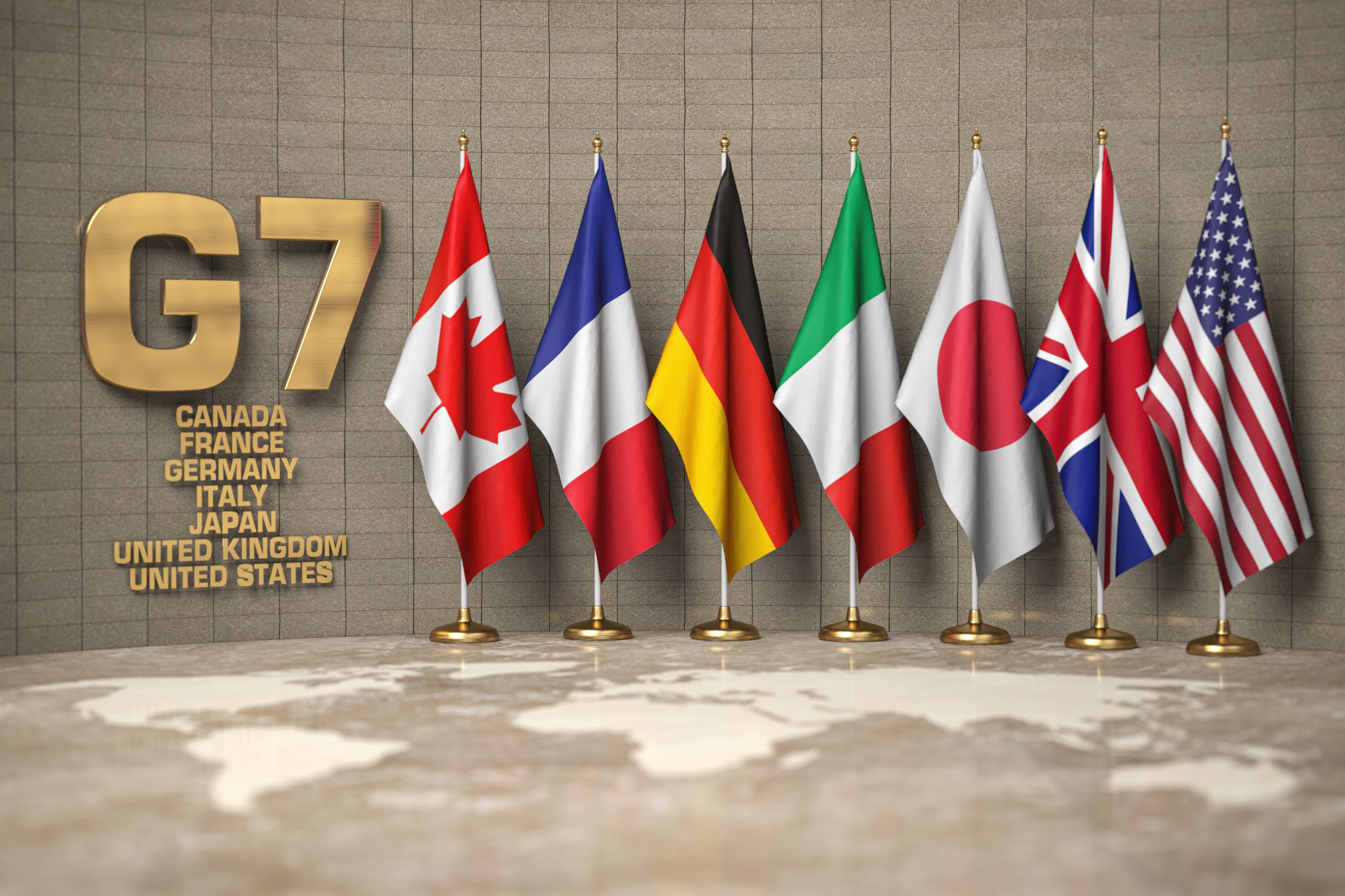 G7 summit or meeting concept. Row from flags of members of G7 group of seven and list of countries, 3d illustration