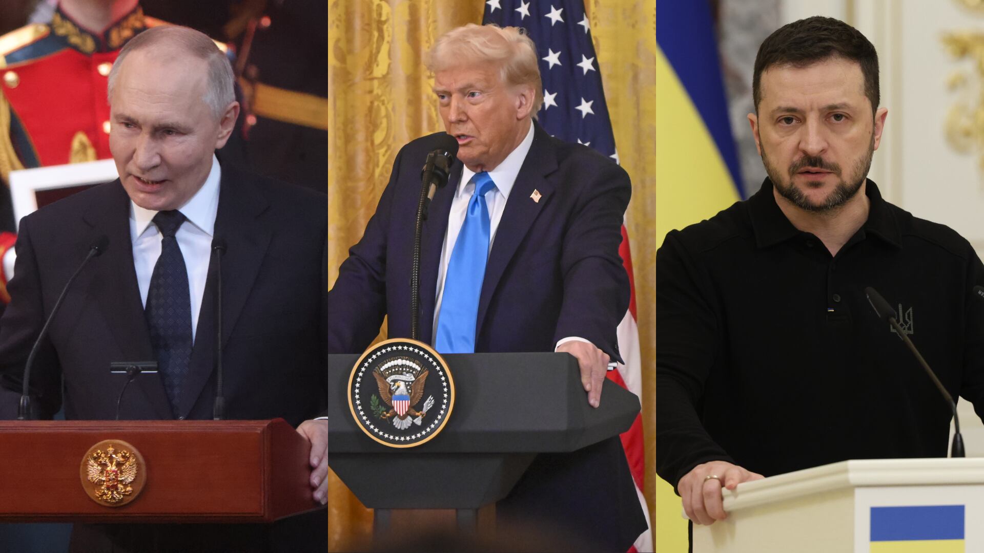 Vladimir Putin, Donald Trump y Volodímir Zelenski. via Getty Images