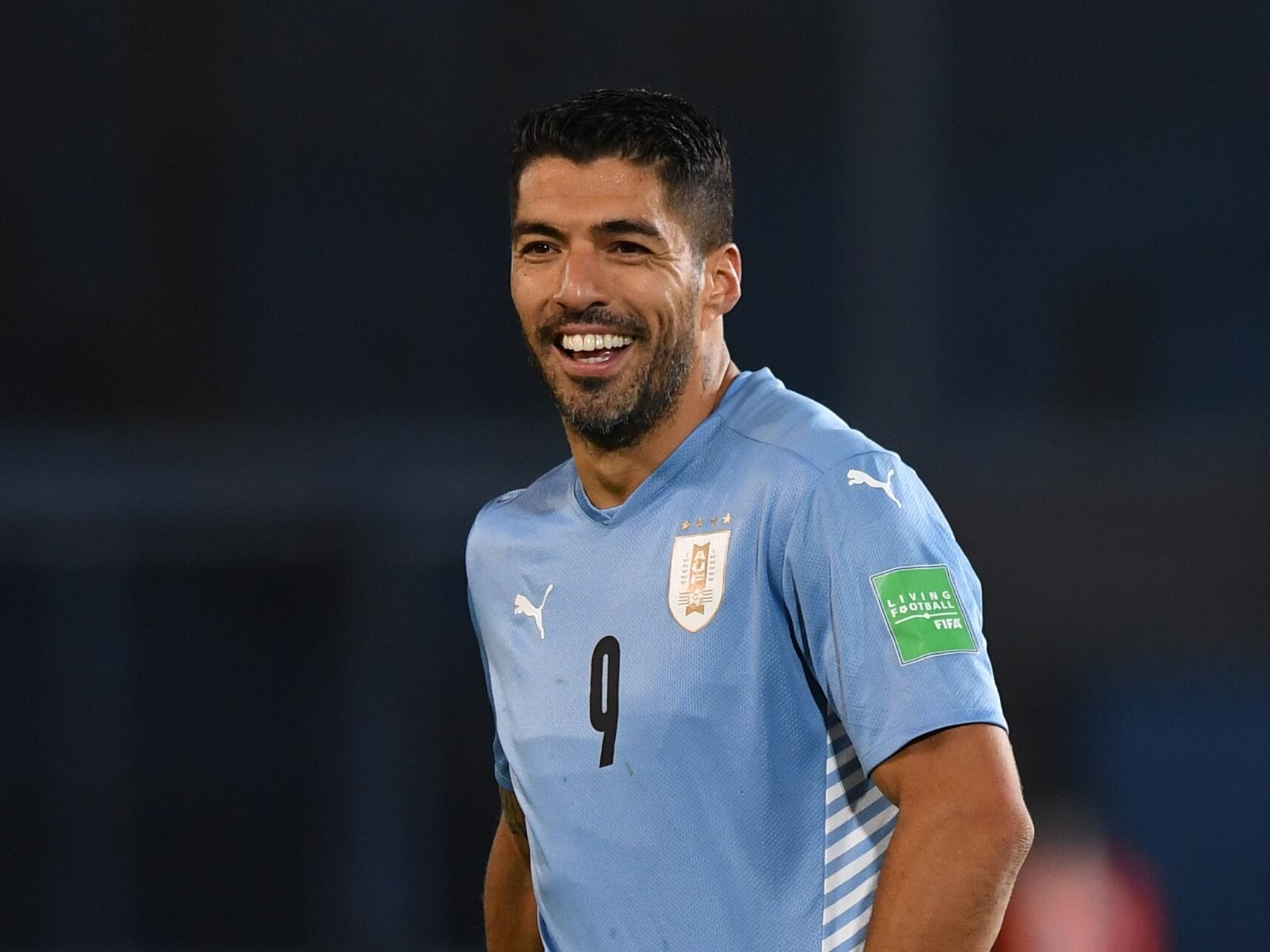 MONTEVIDEO, URUGUAY - OCTOBER 07: Luis Suarez of Uruguay reacts during a match between Uruguay and Colombia as part of South American Qualifiers for Qatar 2022 at Parque Central Stadium on October 07, 2021 in Montevideo, Uruguay. (Photo by Pablo Porciuncula-Pool/Getty Images)