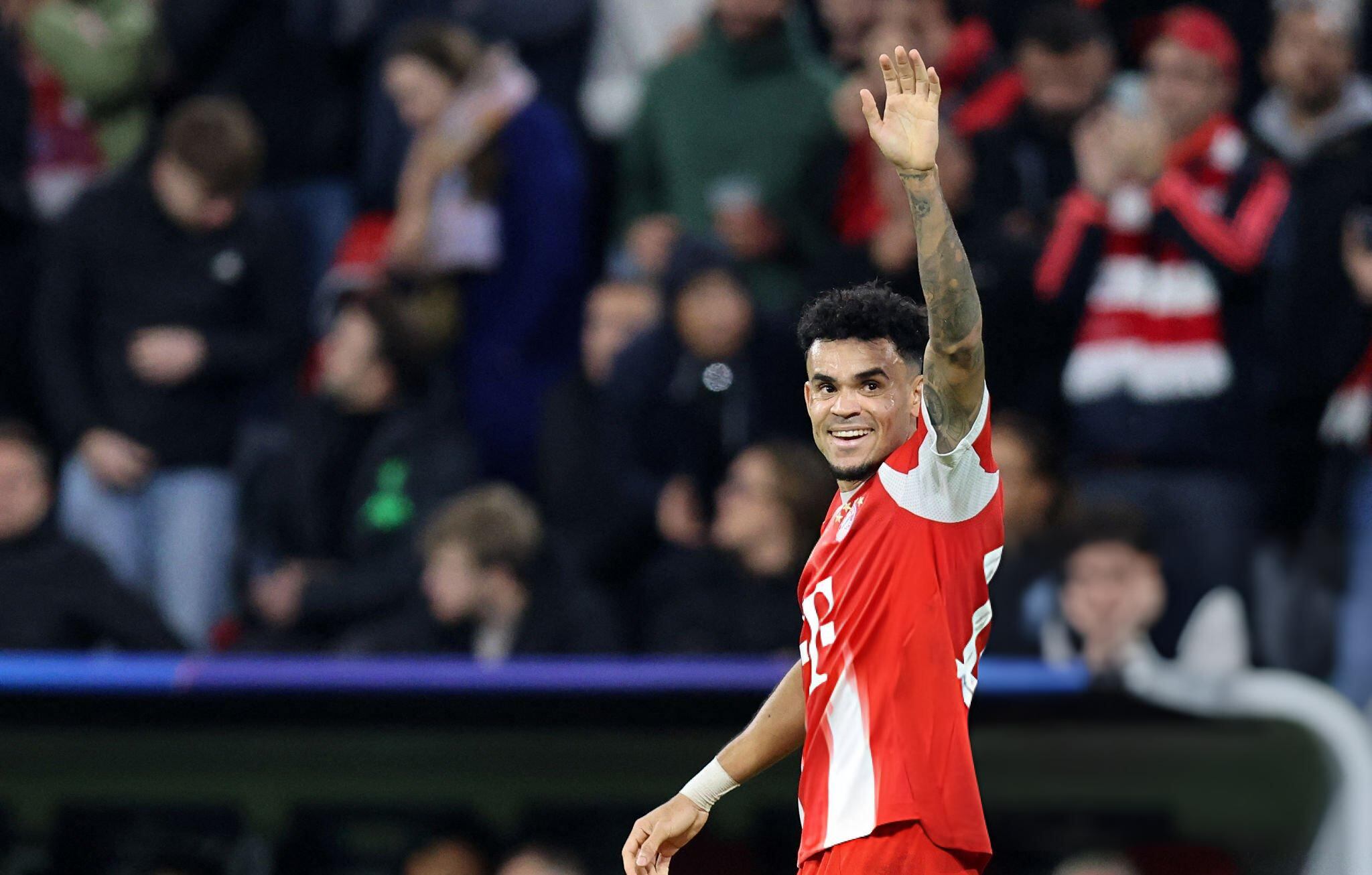 Luis Díaz celebra su gol ante el Club Brujas por Champions League. FOTO: ALEXANDRA BEIER/AFP