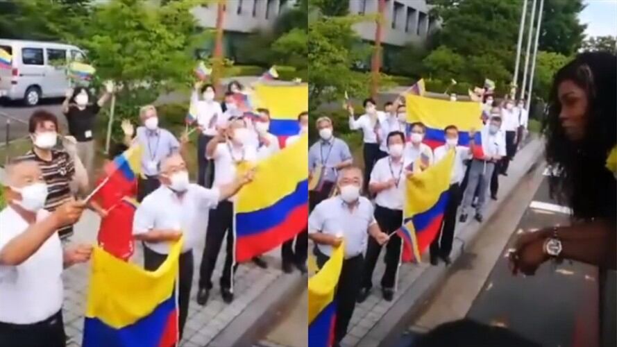 Despedida de trabajadores de hotel a Caterine Ibargüen y colombianos en Japón. Foto: Instagram: @triplecibarguen