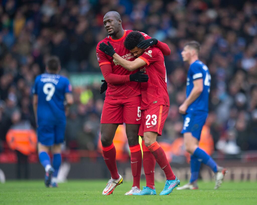 LIVERPOOL, ENGLAND - FEBRUARY 06: Ibrahima Konaté of Liverpool embraces team mate Luis Diaz during the Emirates FA Cup  (Photo by Joe Prior/Visionhaus via Getty Images)
