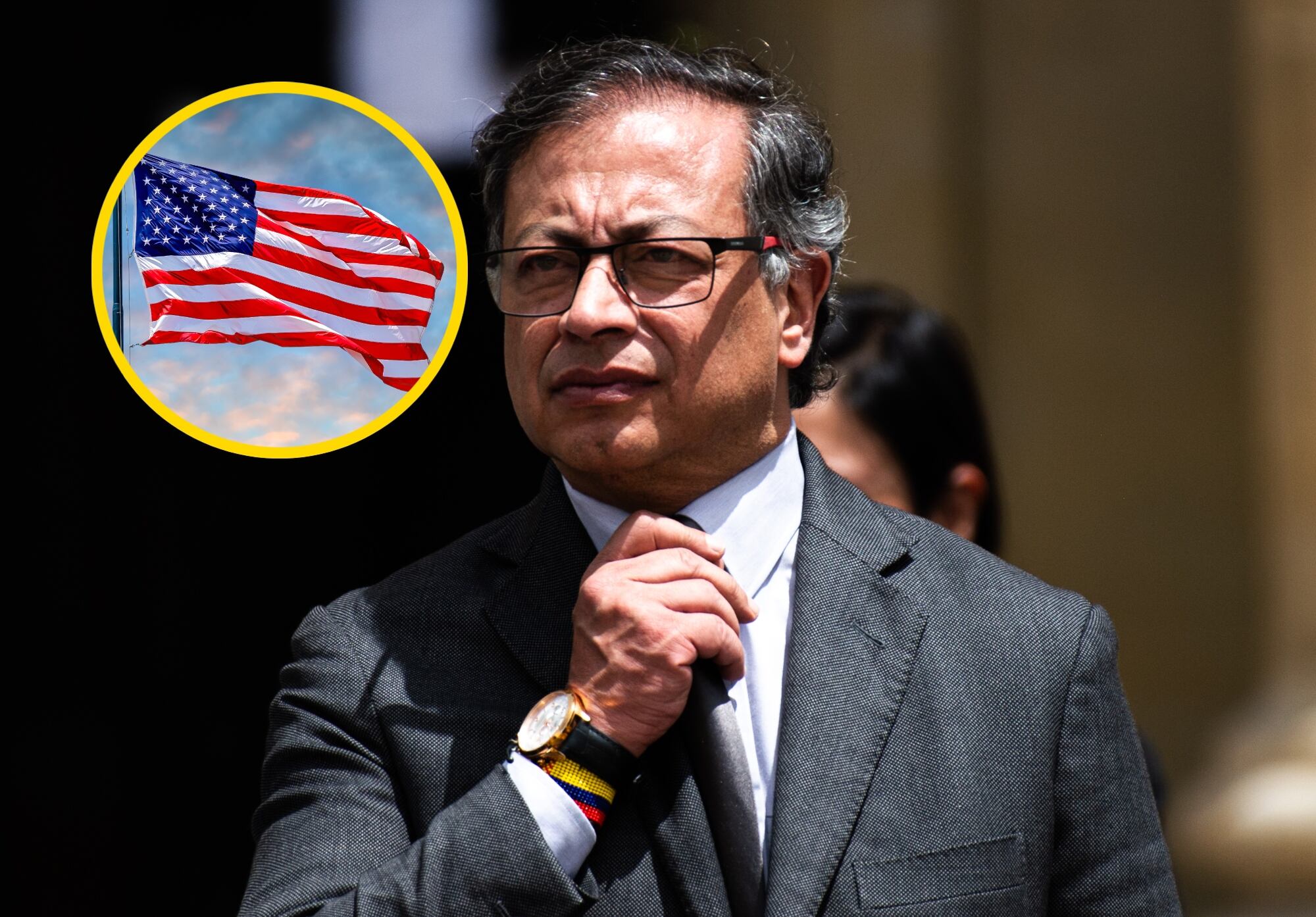 Gustavo Petro y bandera de EE.UU. Foto: