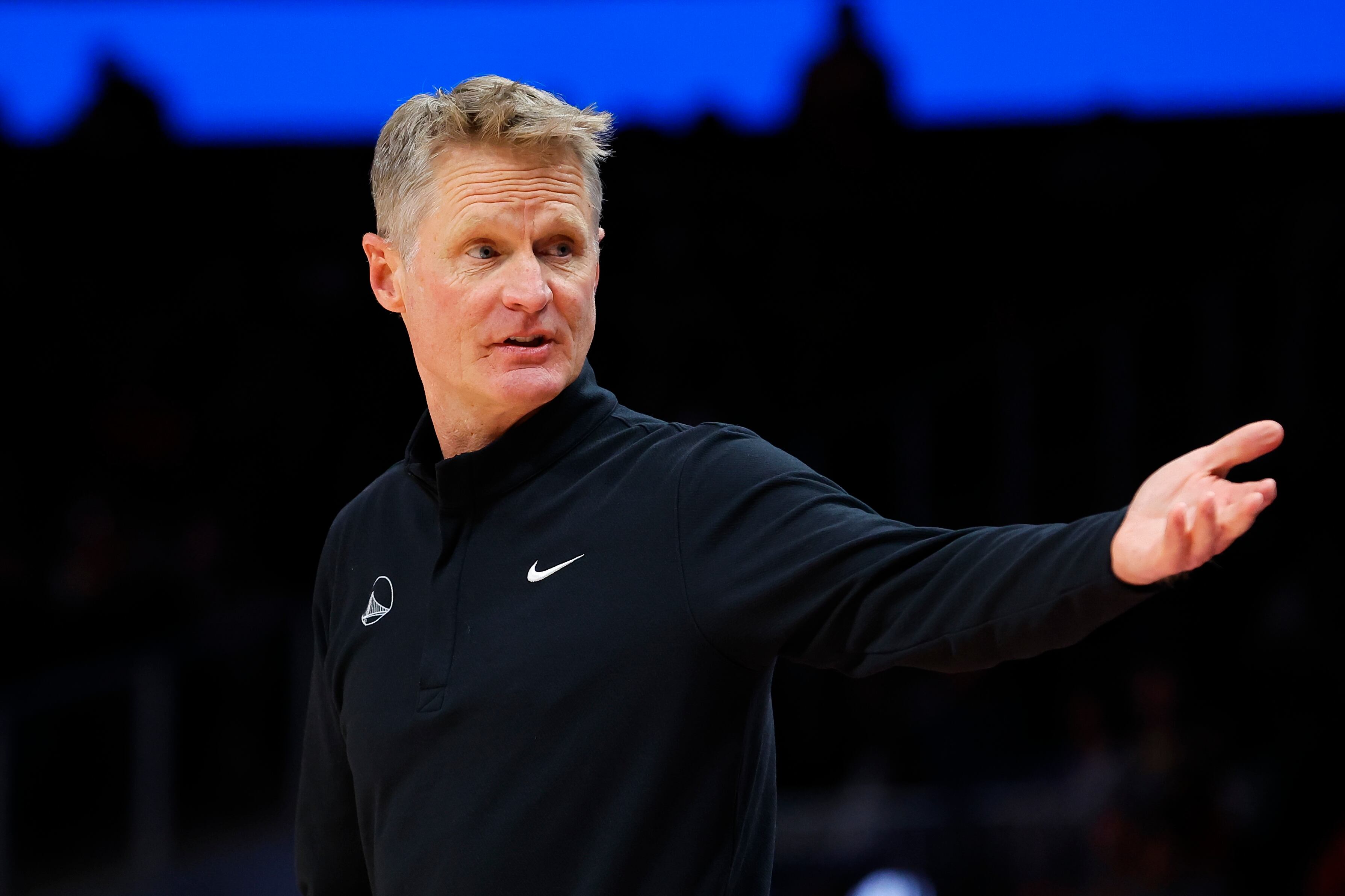 ATLANTA, GA - MARCH 25: Head Coach Steve Kerr of the Golden State Warriors reacts during the first half against the Atlanta Hawks at State Farm Arena on March 25, 2022 in Atlanta, Georgia. NOTE TO USER: User expressly acknowledges and agrees that, by downloading and or using this photograph, User is consenting to the terms and conditions of the Getty Images License Agreement. (Photo by Todd Kirkland/Getty Images)