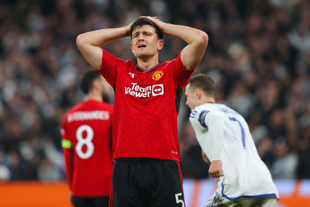 Harry Maguire del Manchester United tras contra Copenhagen en Champions. 8 de noviembre de 2023. Foto: James Gill - Danehouse/Getty Images.