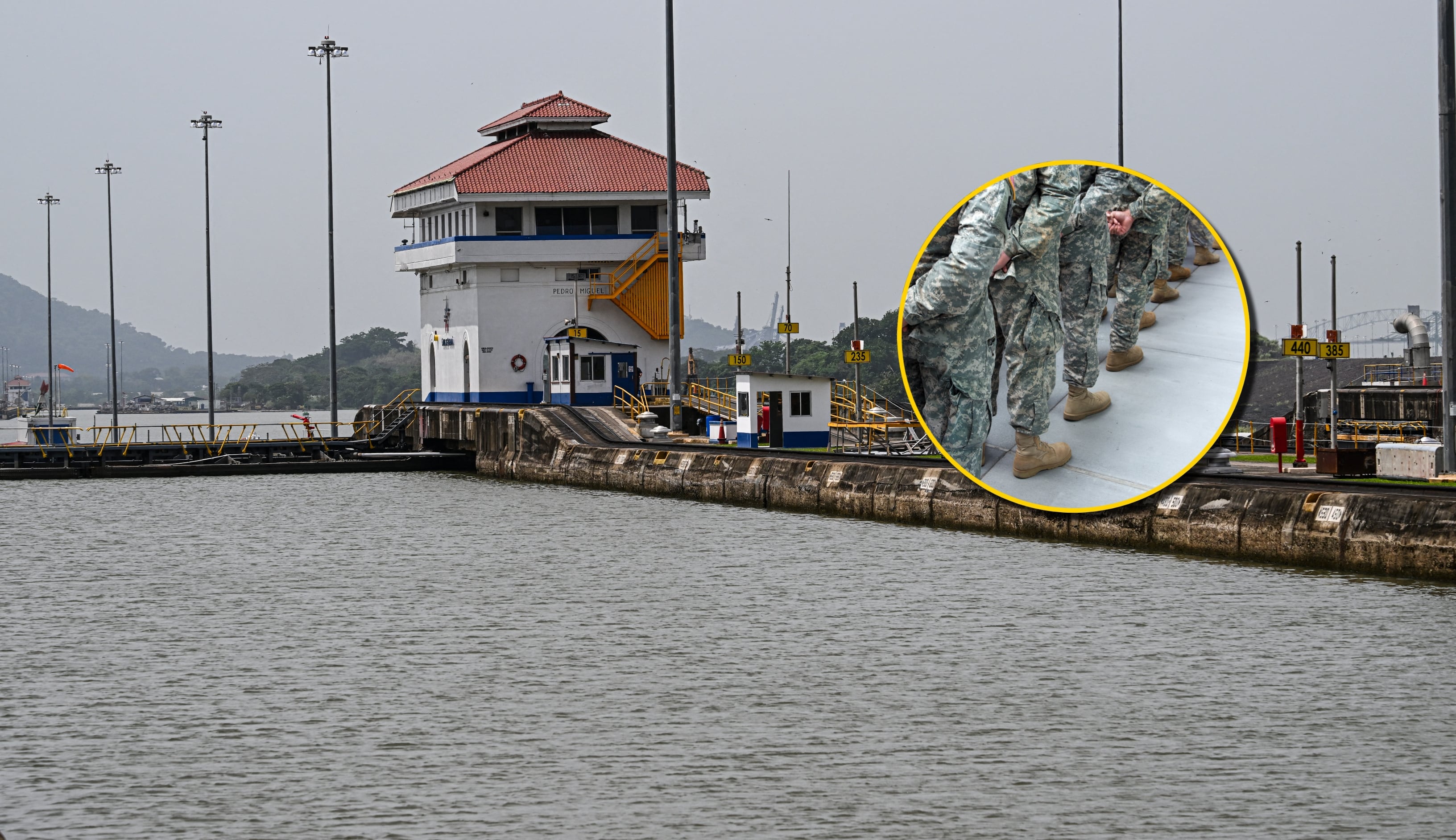 Canal de Panamá y referencia de ejército estadounidense. Foto: MARTIN BERNETTI/AFP/ Bo Zaunders vía Getty Images. 