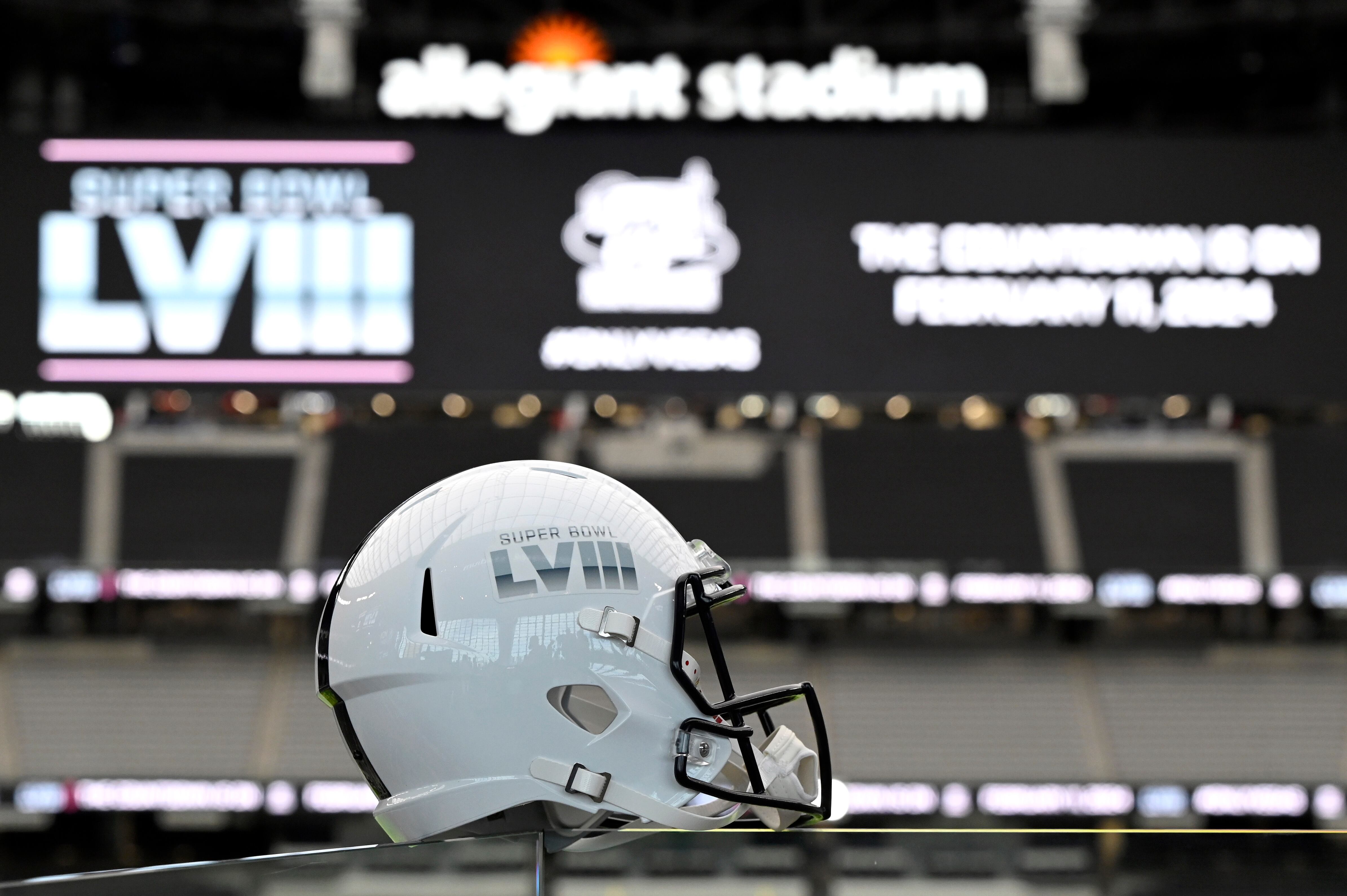 LAS VEGAS, NEVADA - DECEMBER 15: A football helmet is displayed after a news conference announcing Allegiant Stadium will host the 2024 Super Bowl at Allegiant Stadium on December 15, 2021 in Las Vegas, Nevada. (Photo by David Becker/Getty Images)