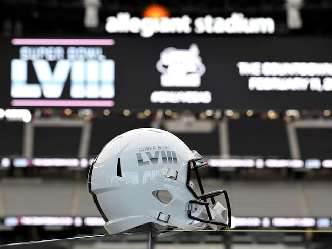 LAS VEGAS, NEVADA - DECEMBER 15: A football helmet is displayed after a news conference announcing Allegiant Stadium will host the 2024 Super Bowl at Allegiant Stadium on December 15, 2021 in Las Vegas, Nevada. (Photo by David Becker/Getty Images)