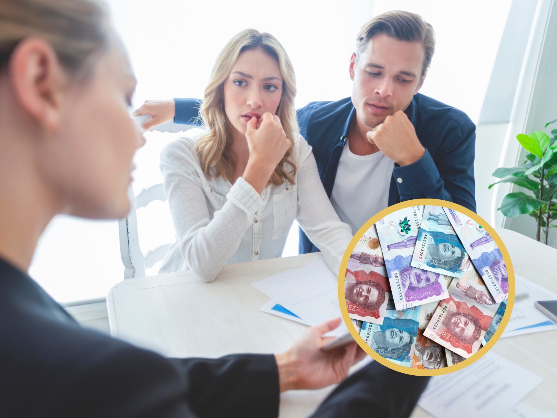 Personas buscando asesoría en una entidad bancaria. En el círculo, dinero colombiano (Fotos vía GettyImages)