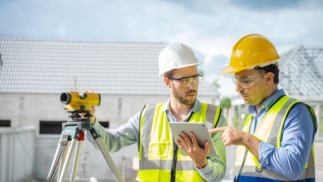 Ingenieros topográficos utilizando un instrumento de medición (GettyImages)
