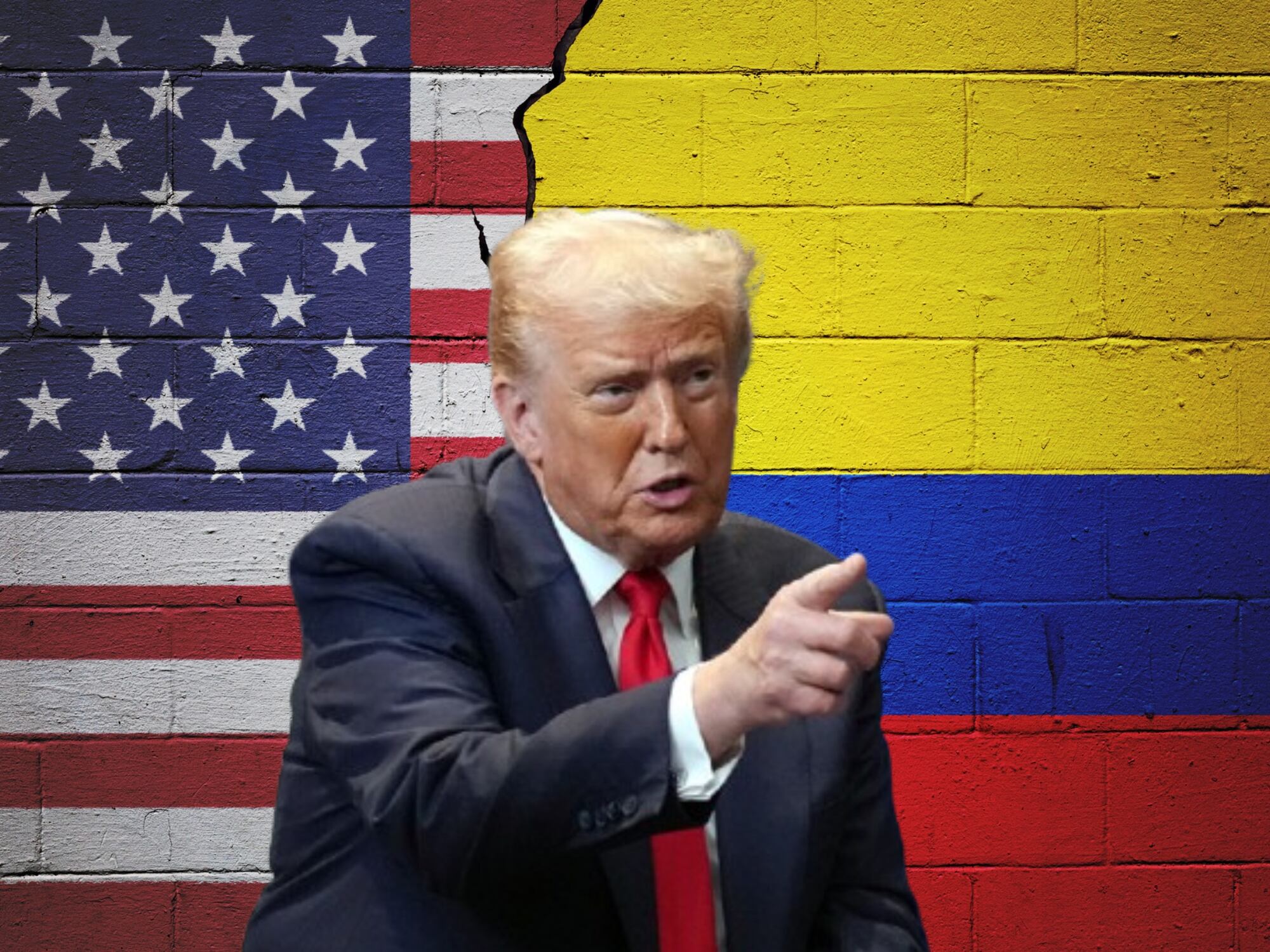 Donald Trump y banderas de Estados Unidos y Colombia. Fotos: (Photo by Andrew Harnik/Getty Images)  / Getty Images