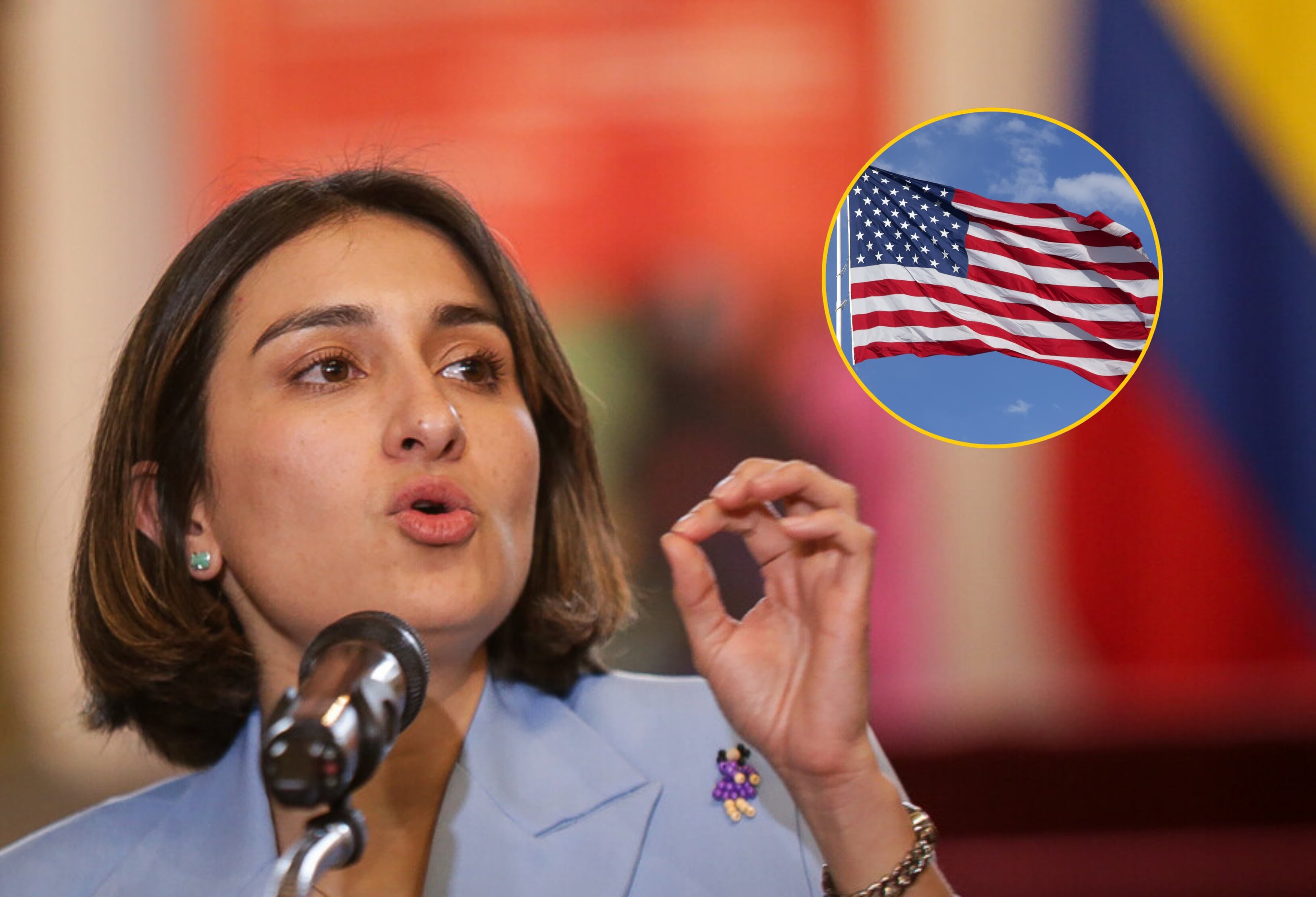 Canciller Laura Sarabia y la bandera de EE.UU. Fotos: Colprensa - Cristian Bayona / Getty Images - Royce Bair