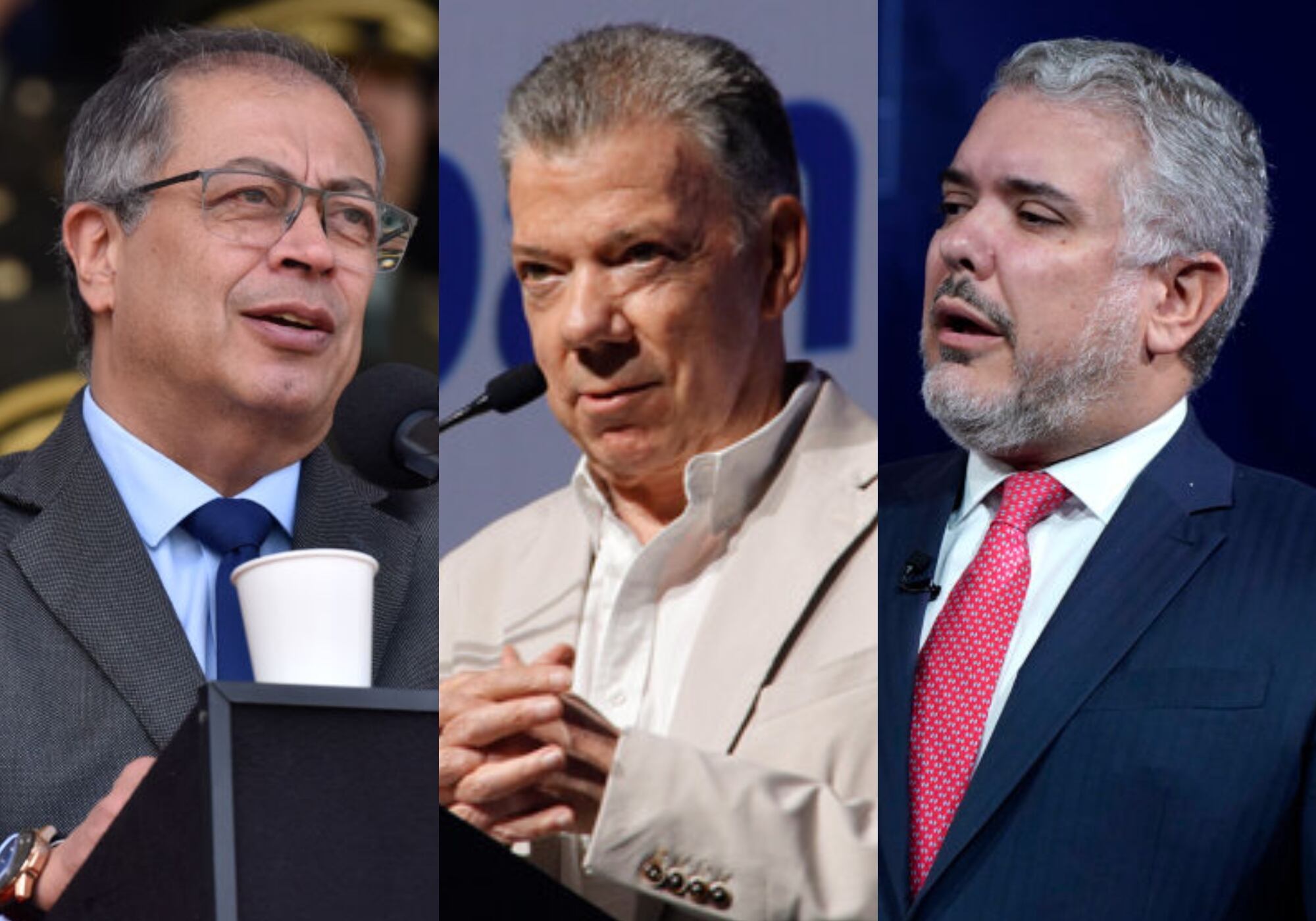 Gustavo Petro Juan Manuel Santos e Iván Duque. Foto: (Photo by: Cristian Bayona/Long Visual Press/Universal Images Group via Getty Images) / (Colprensa-Asobancaria) / (Photo by Riccardo Savi/Getty Images for Concordia Summit)