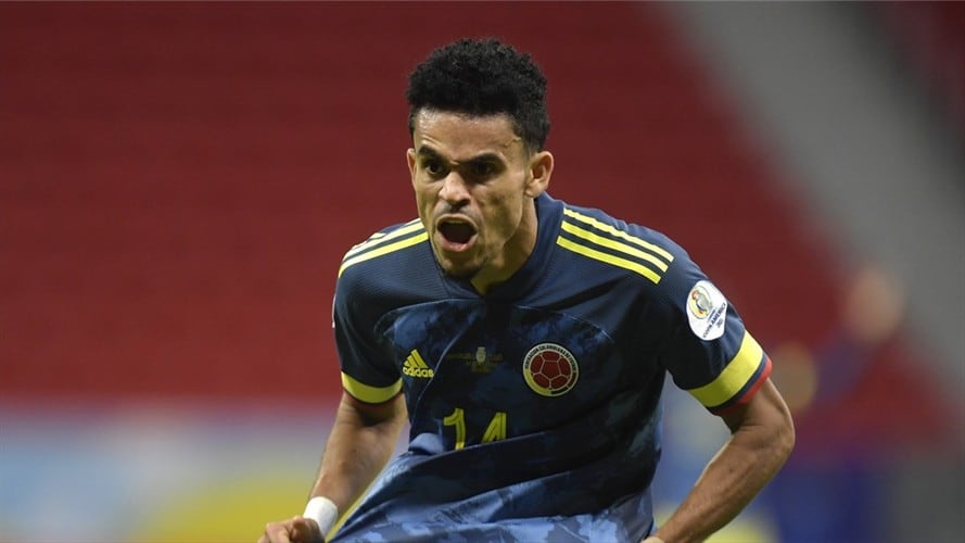 Luis Díaz celebró su segundo gol ante Perú en la Copa América. Foto: Pedro Vilela/Getty Images