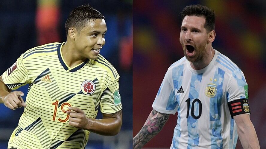 Futbolistas Luis Fernando Muriel y Lionel Messi en Eliminatorias Sudamericanas. Foto: Gabriel Aponte/Getty Images - Juan Mabromata - Pool/Getty Images