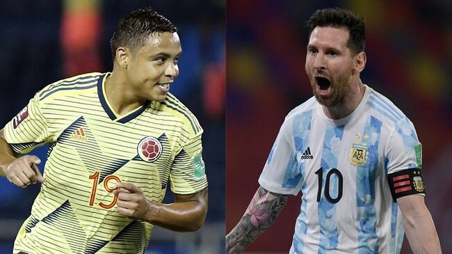 Futbolistas Luis Fernando Muriel y Lionel Messi en Eliminatorias Sudamericanas. Foto: Gabriel Aponte/Getty Images - Juan Mabromata - Pool/Getty Images