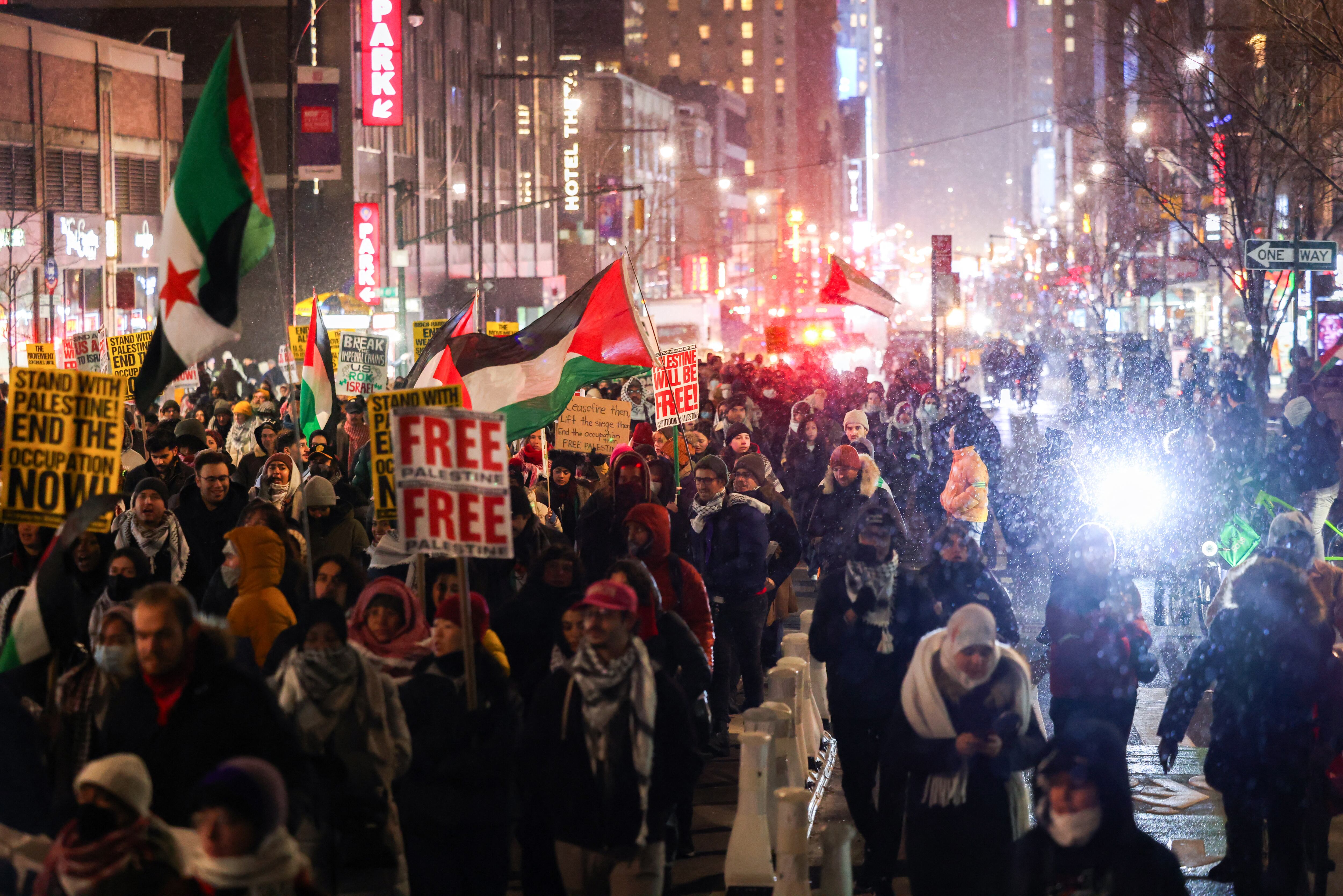 Varias personas ondean banderas y pancartas mientras marchan durante una concentración propalestina, en la ciudad de York, el 16 de enero de 2025. AFP