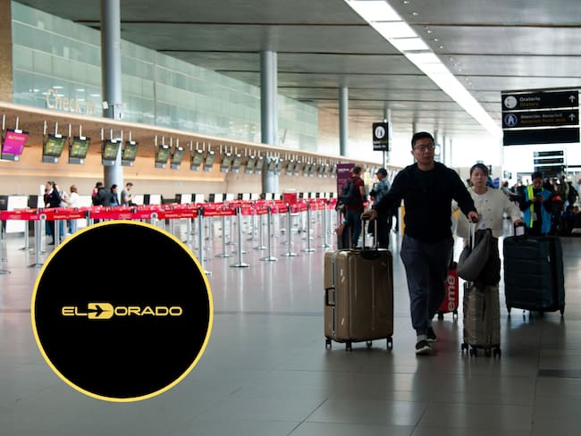 Pasajeros en el Aeropuerto El Dorado de Bogotá. En el círculo, logo del aeródromo / Fotos: GettyImages y redes sociales