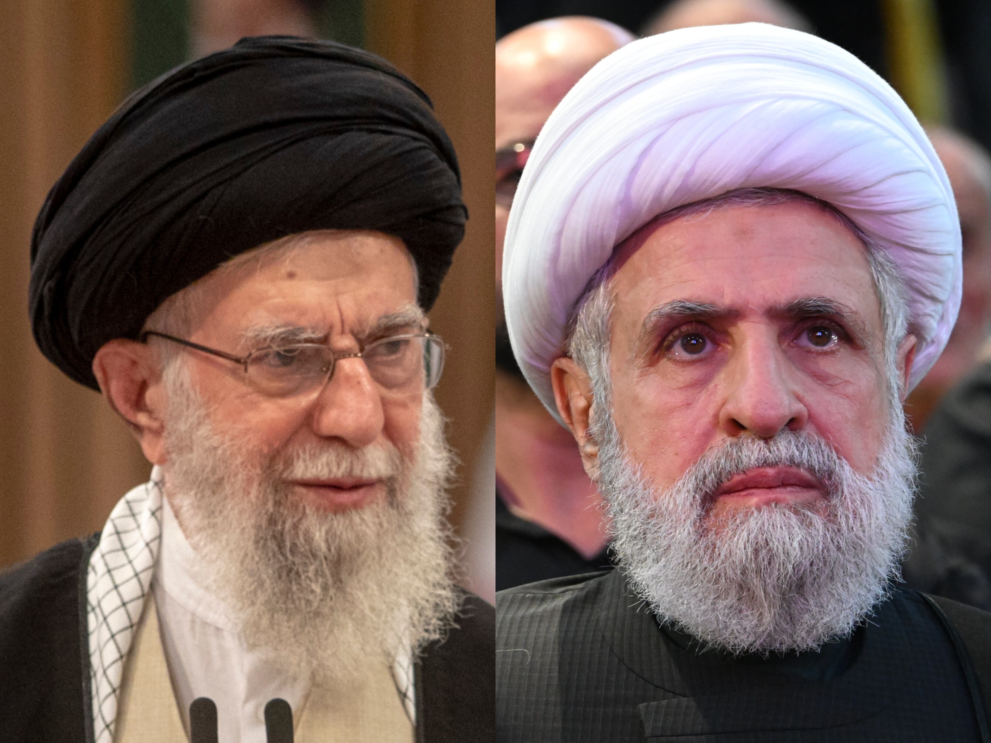 Líder supremo de Irán, Ali Jamenei, y jefe de Hezbolá, Naim Qasem. 