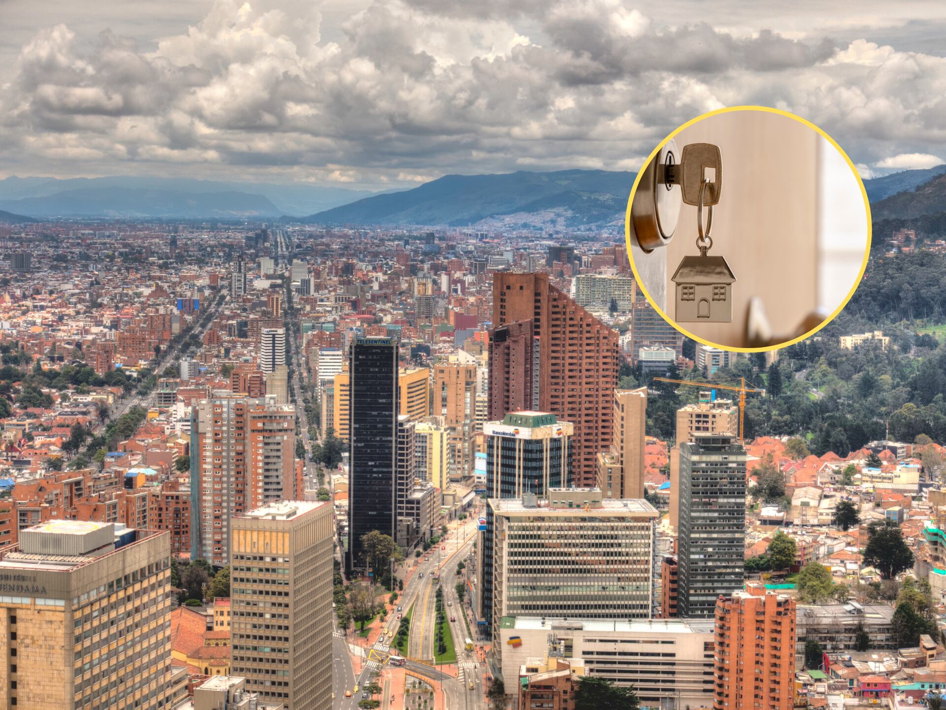 Imagen de la ciudad de Bogotá, Colombia. En el círculo, la foto de un llavero que abre un apartamento / Fotos: GettyImages