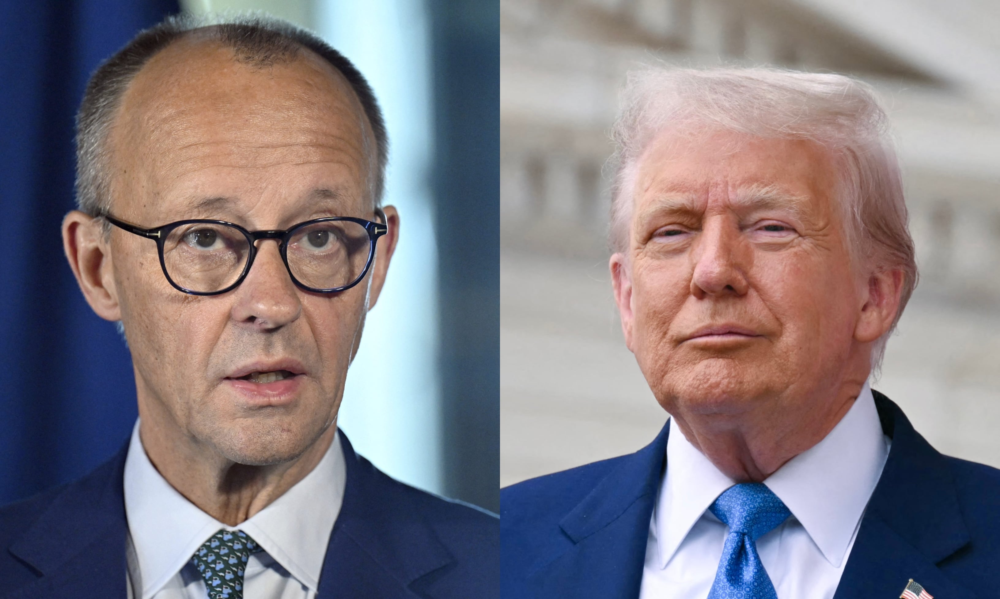 Canciller alemán, Friedrich Merz. FOTO: RONI REKOMAA/Lehtikuva/AFP via Getty Images. Donald Trump. FOTO: SAUL LOEB/AFP via Getty Images