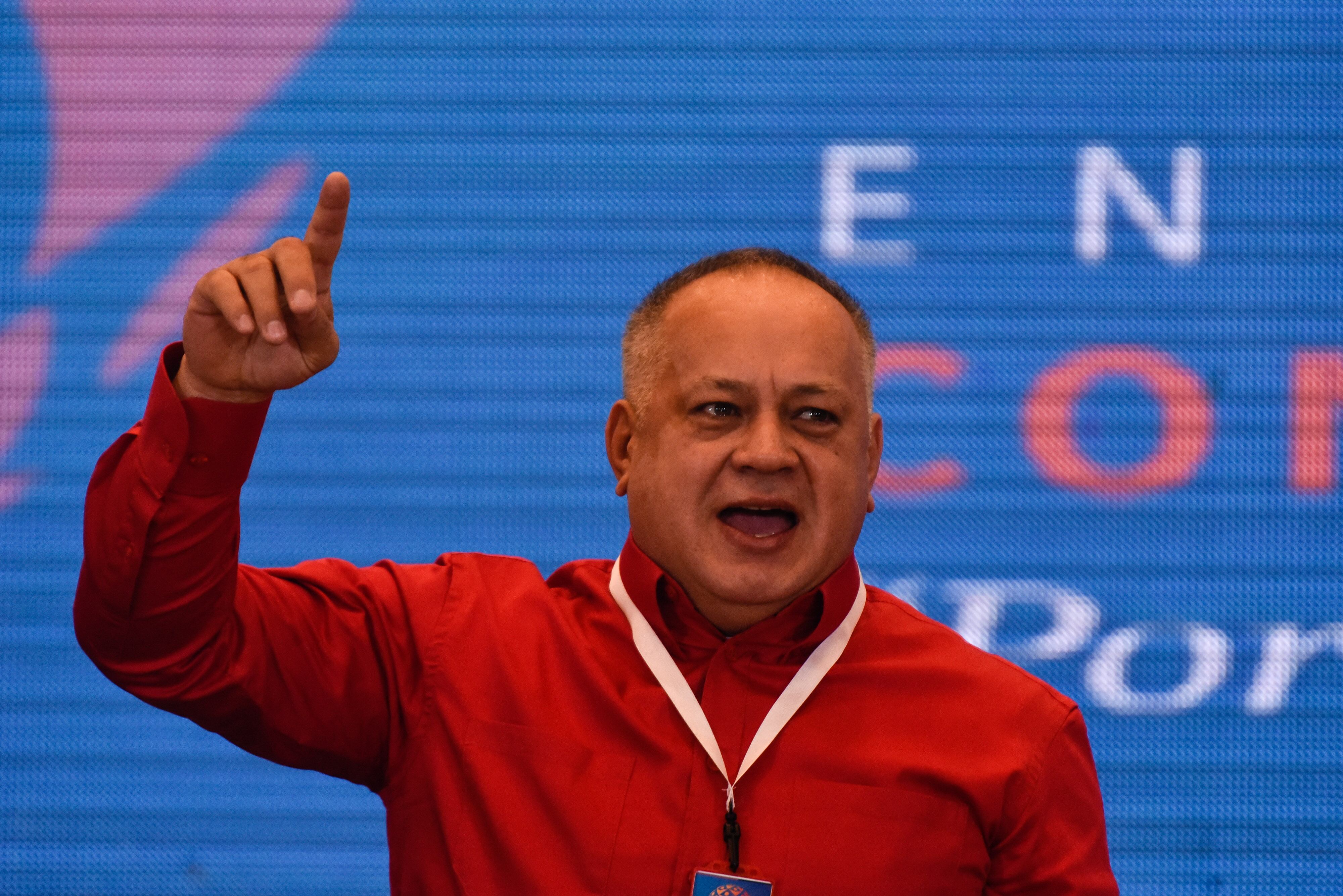 CARACAS, VENEZUELA - JANUARY 22: Constituent Assembly President Diosdado Cabello gestures during a meeting of the World Group Against Imperialism at Salon del Bicentenario of Alba Hotel on January 22, 2020 in Caracas, Venezuela. (Photo by Carolina Cabral/Getty Images)