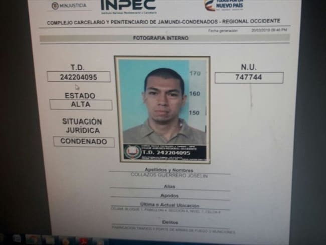 El Inpec confirmó la fuga del recluso Joselin Collazos Guerrero. Foto: Inpec