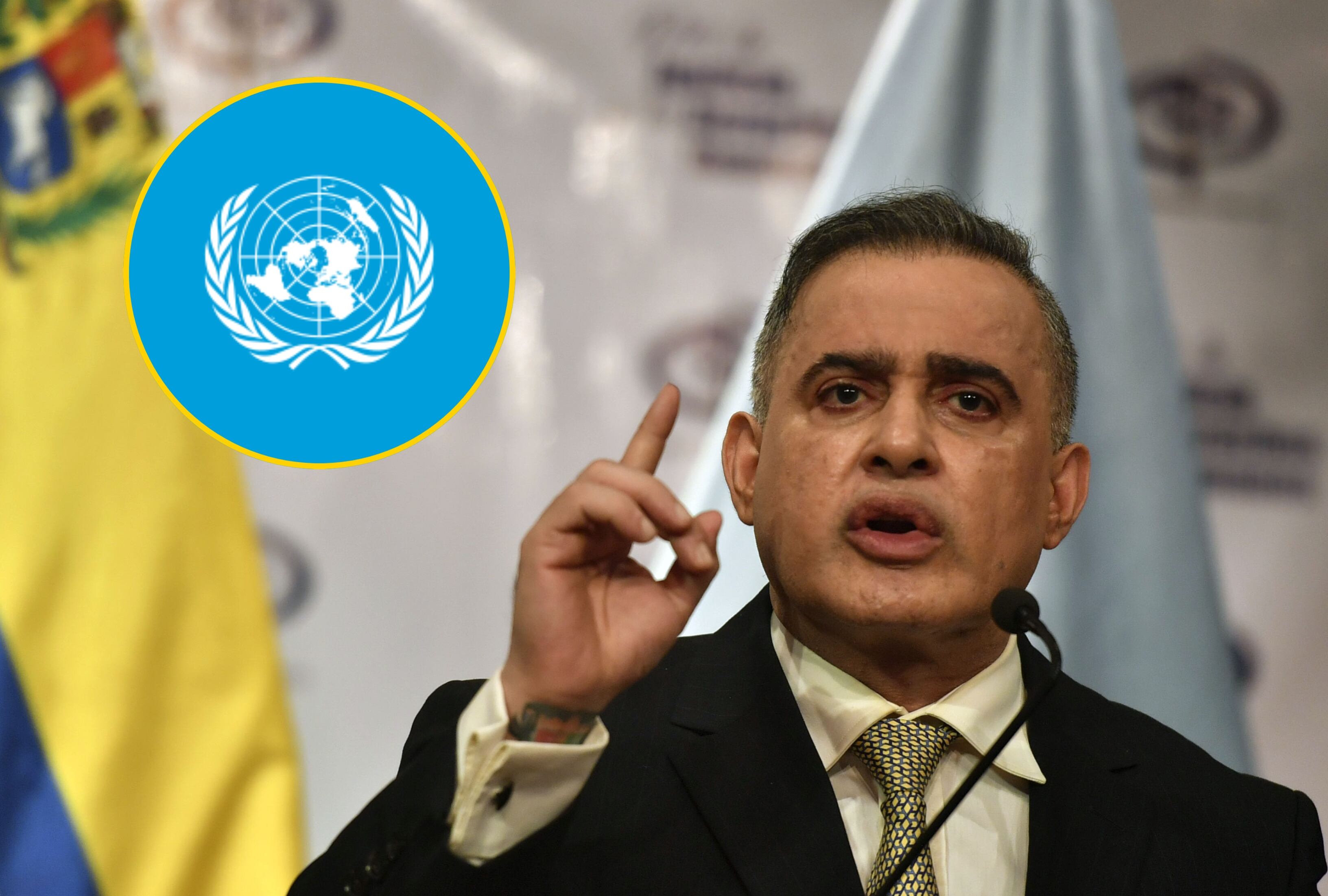 fiscal general de Venezuela, Tarek William Saab, y bandera de Vnezuela. Foto: YURI CORTEZ/AFP via Getty Images y página de la ONU.